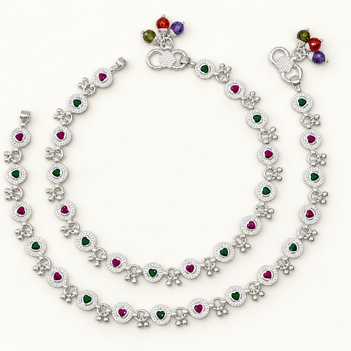 Silver Hearts Ruby Stone Anklet