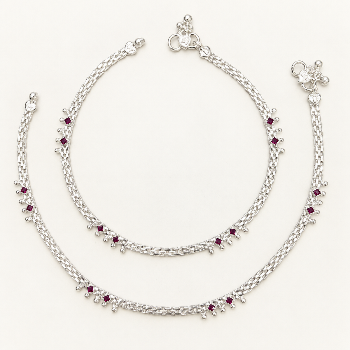 Silver Flat Style Anklet with Ruby Stones