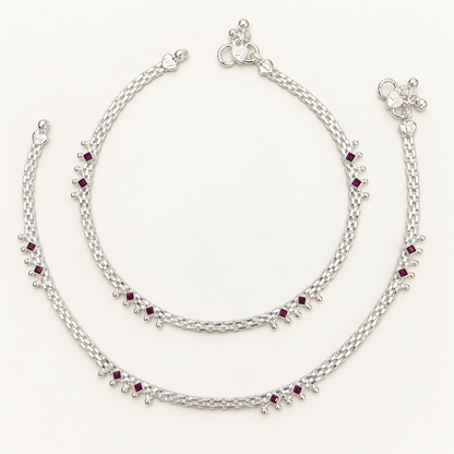 Silver Flat Style Anklet with Ruby Stones
