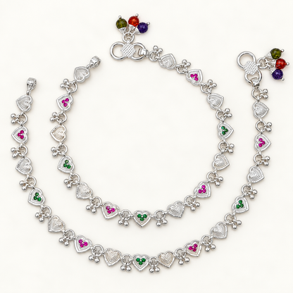 Silver Hearts Micro Stone Anklet