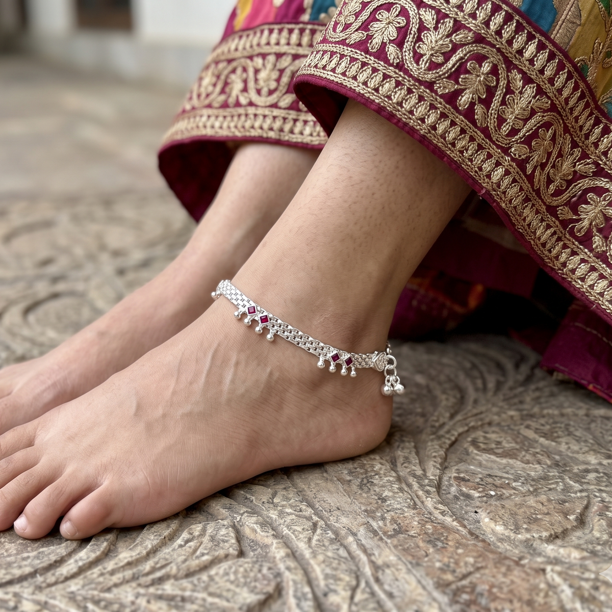 Silver Flat Style Anklet with Ruby Stones