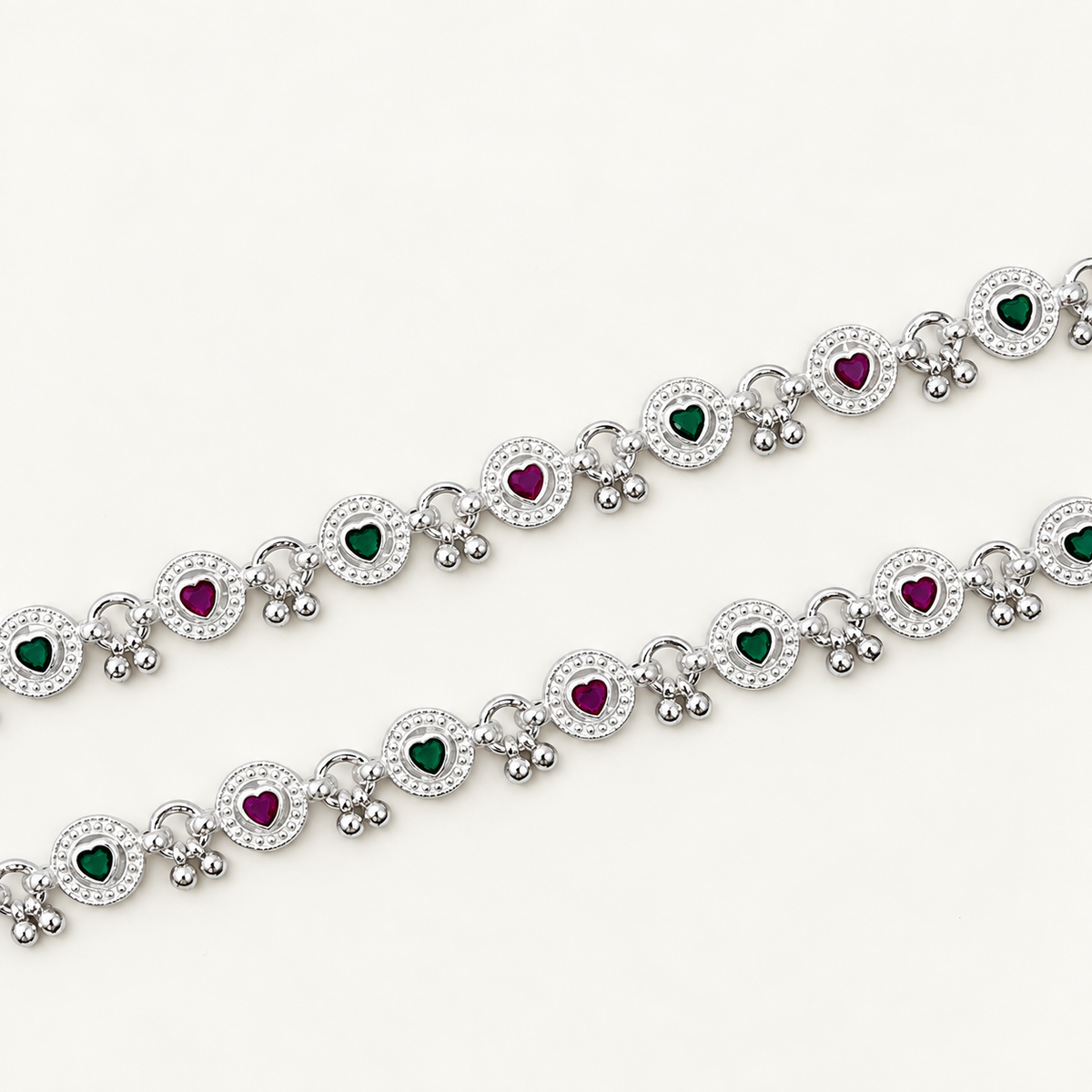 Silver Hearts Ruby Stone Anklet