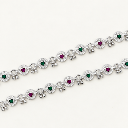 Silver Hearts Ruby Stone Anklet