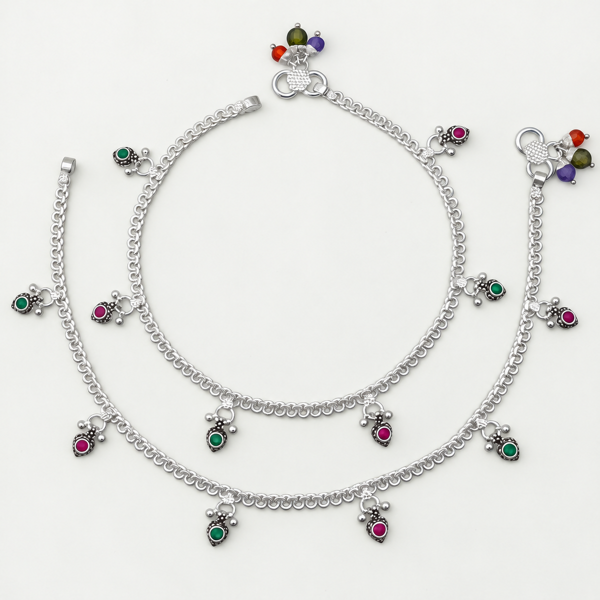 Silver Hanging Colour Stone Anklet
