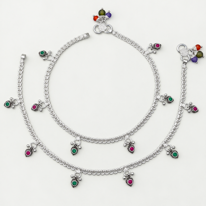 Silver Hanging Colour Stone Anklet